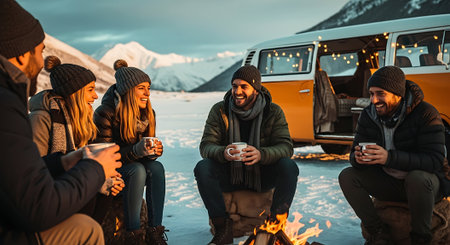 Group of friends sitting by the campfire and drinking tea in winterの素材
