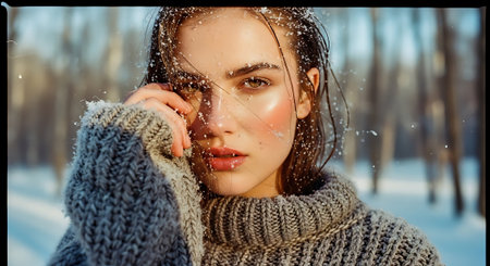 Winter portrait of a beautiful girl in a knitted sweater on a background of a winter forest.の素材