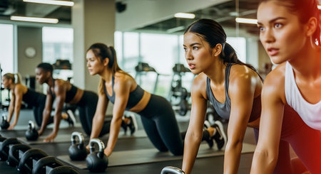 young sporty women working out with dumbbells in fitness centerの素材