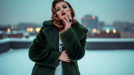 Elegant Woman in Green Fur Coat Posing on Winter Rooftopの素材