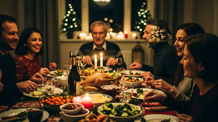 Happy family having christmas dinner together at home. Selective focus.の素材