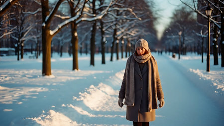 Beautiful woman walking in winter park. Girl in coat and scarf.の素材
