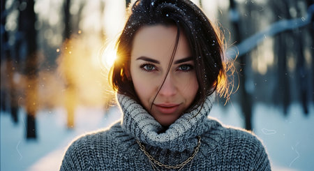 Portrait of a beautiful girl in the winter park. A girl in a gray sweater and a scarf.の素材