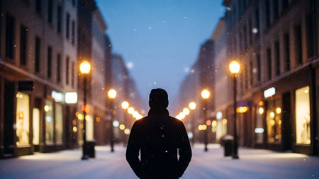 Silhouette of a man standing in the street at night.の素材