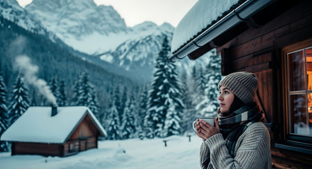 Young woman with cup of coffee in front of a snow covered mountainの素材