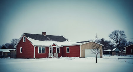 Red wooden house in winter. Vintage style toned picture. Retro style.の素材