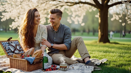 Young couple having picnic in the park on a sunny spring day.の素材