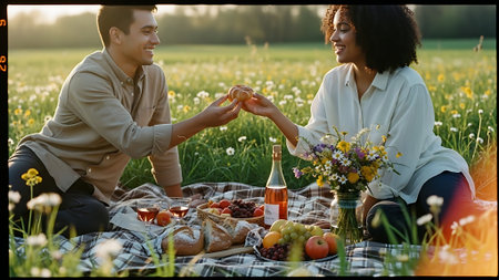 Young couple in love having a picnic in the field. Young man and woman sitting on a plaid in the park and holding hands.の素材