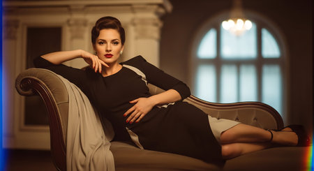 Beautiful young woman in evening dress sitting in armchair. Retro style.の素材