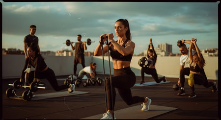 Fitness, sport, training, gym and lifestyle concept - group of people exercising on the rooftopの素材