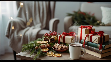 Cup of hot cocoa with marshmallows, cinnamon sticks, gingerbread cookies and Christmas decorations on wooden tableの素材
