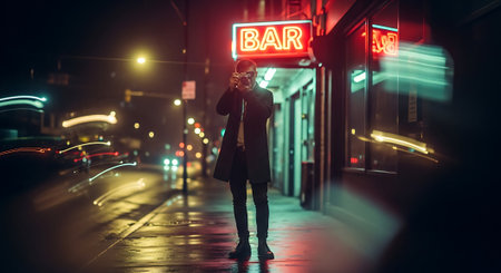 Young man in a black coat with a mobile phone in a night city.の素材