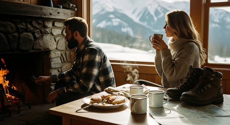 Young couple drinking coffee in front of the fireplace in the mountains.の素材