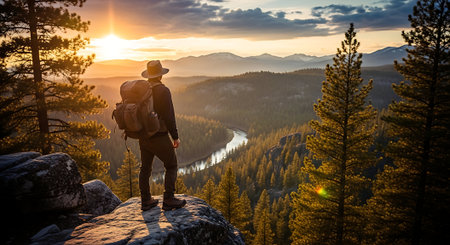 Hiker with backpack standing on the edge of cliff and enjoying valley view at sunriseの素材