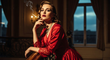 Vintage Glamour Woman in Red Satin Gown Smoking in Elegant Interiorの素材