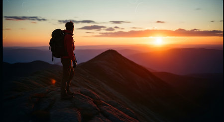 Silhouette of a hiker with a backpack standing on the edge of a mountain and watching the sunsetの素材
