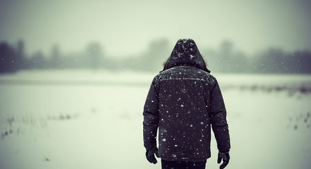 Young woman walking in winter snow covered field. Filtered image processed vintage effect.の素材