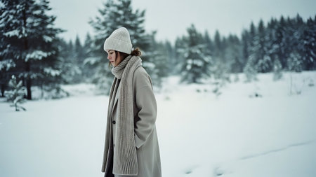A young woman in a gray coat and a white hat walks in the winter forest.の素材
