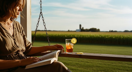Beautiful young woman sitting on a balcony with a glass of lemonade and a bookの素材