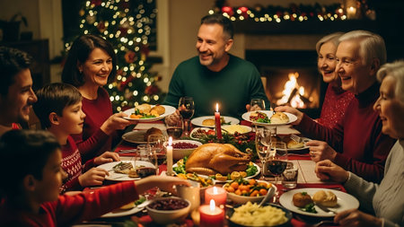 Happy family having Christmas dinner at home. Cheerful parents and their children are sitting at the festive table.の素材