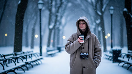 Young woman with cup of coffee in the winter city at night.の素材