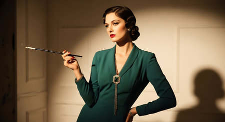 Retro fashion portrait of a beautiful elegant woman in a green suit.の素材