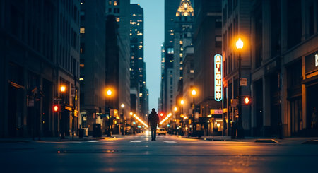 Man walking on the street at night in New York City, USA.の素材
