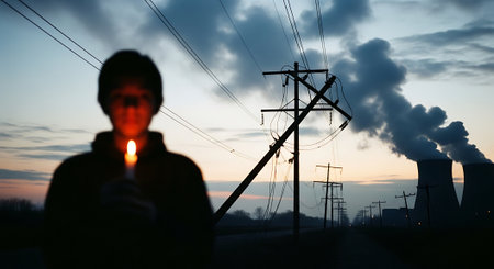 Silhouette of a man with a candle in his hand against the background of a nuclear power plant.の素材
