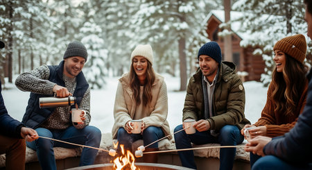 Group of friends sitting near bonfire and drinking hot tea in winter forestの素材