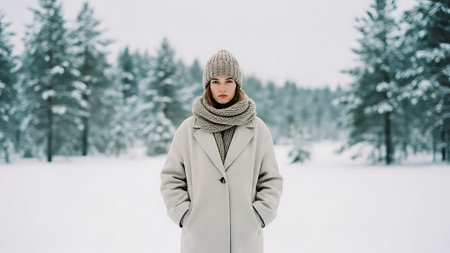 Portrait of a young beautiful girl in a gray coat on a background of winter forestの素材