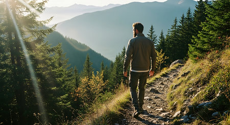 Hiker on a mountain trail in the Carpathian mountains.の素材