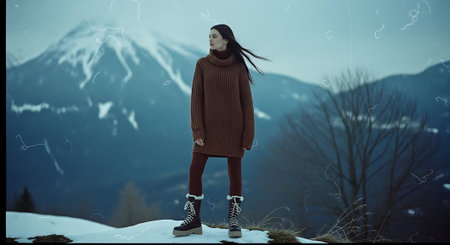 Beautiful young woman standing on the top of a mountain in winterの素材
