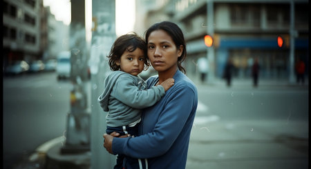 Mother and daughter in the city. Portrait of a mother and daughter on the street.の素材
