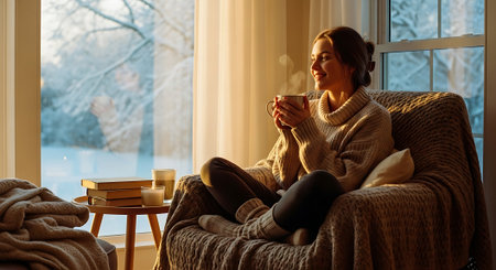 Beautiful woman sitting in armchair with cup of coffee and looking out the windowの素材