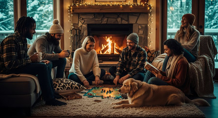 Group of friends in casual clothes sitting on the floor in front of fireplace and playing with a dogの素材