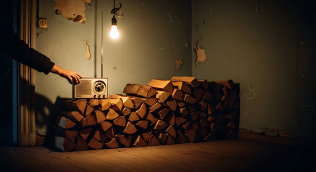 Firewood in a dark room with a safe in the hand.の素材