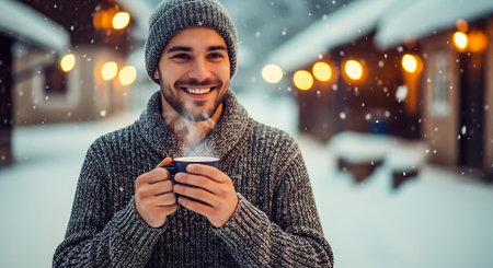 Handsome young man in warm sweater and hat holding cup of hot drink and smiling while standing outdoors during snowfallの素材
