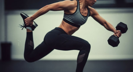 Young woman doing exercise with dumbbells in the gym. Crossfitの素材