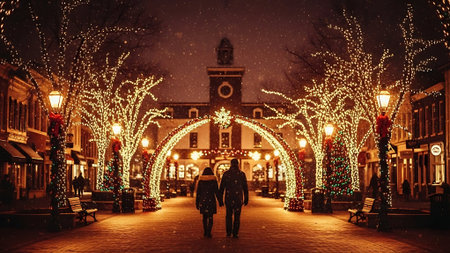Couple walking in the street decorated for Christmas and New Year in Londonの素材
