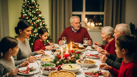 Merry Christmas and Happy Holidays! Cheerful family having dinner together at home.の素材