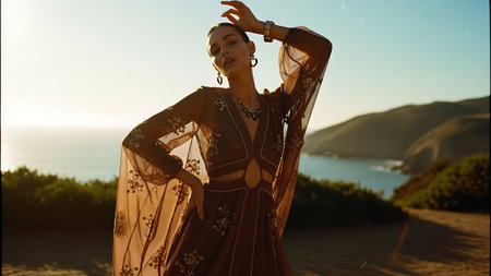 Beautiful girl in a brown dress on the beach at sunset. Boho style.の素材