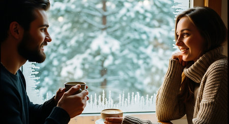 Couple in love drinking coffee in a cafe on a winter dayの素材