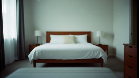 Blurred image of bedroom interior with white bed and pillows.の素材