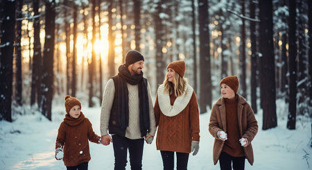 Happy family walking in the winter forest. Mother, father and children walk in the park.の素材