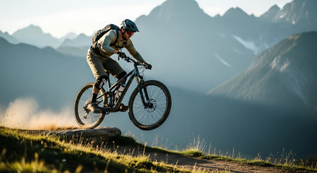Mountain biker in helmet and glasses riding on rugged trail in high mountainsの素材