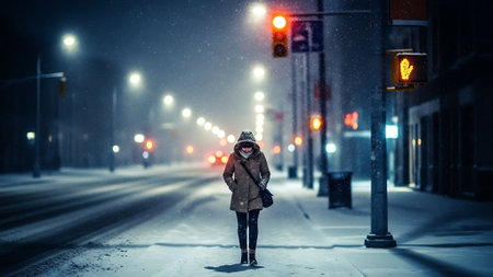 Young woman in winter coat on the street at night. Mixed mediaの素材