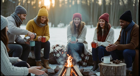 Group of friends drinking tea and warming up near campfire during winter vacationの素材