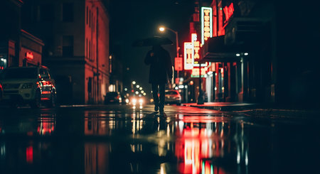 Silhouette Walking with Umbrella on Rainy Night Street with Neon Lightsの素材
