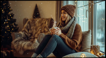 Cute young woman in warm knitted sweater and hat sitting on the windowsill with a cup of hot drink in her hands.の素材