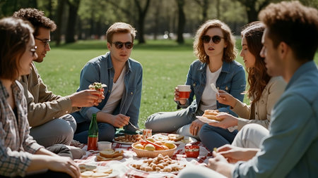 Group of young people having picnic in park, drinking beer and eating sandwichesの素材